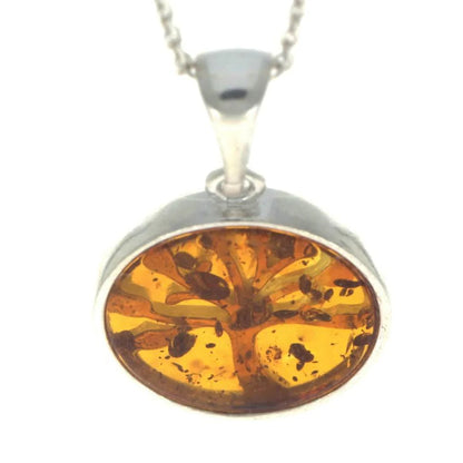 Sterling Silver Baltic Amber Tree of Life Pendant – Genuine 925 Silver Necklace (Cognac or Green)