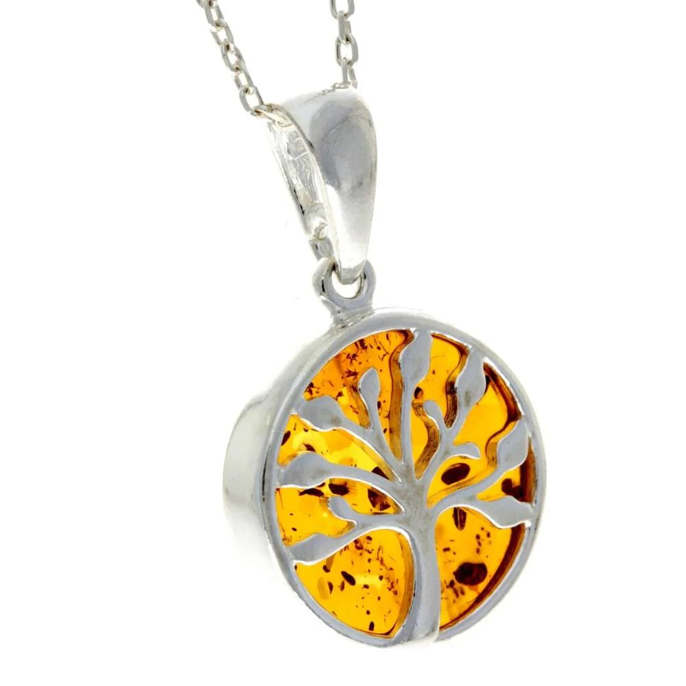 Sterling Silver Baltic Amber Tree of Life Pendant – Genuine 925 Silver Necklace (Cognac or Green)