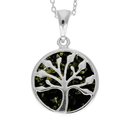 Sterling Silver Baltic Amber Tree of Life Pendant – Genuine 925 Silver Necklace (Cognac or Green)