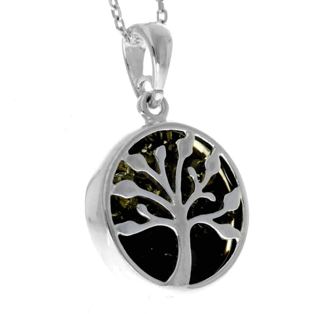 Sterling Silver Baltic Amber Tree of Life Pendant – Genuine 925 Silver Necklace (Cognac or Green)