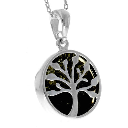 Sterling Silver Baltic Amber Tree of Life Pendant – Genuine 925 Silver Necklace (Cognac or Green)