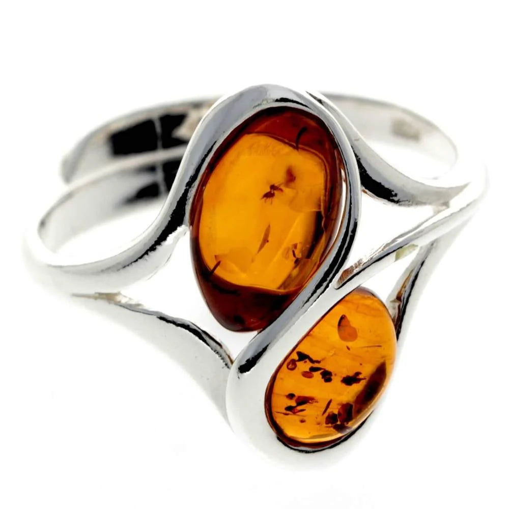 Sterling Silver Double Amber Ring – Genuine Baltic Amber Adjustable Statement Ring