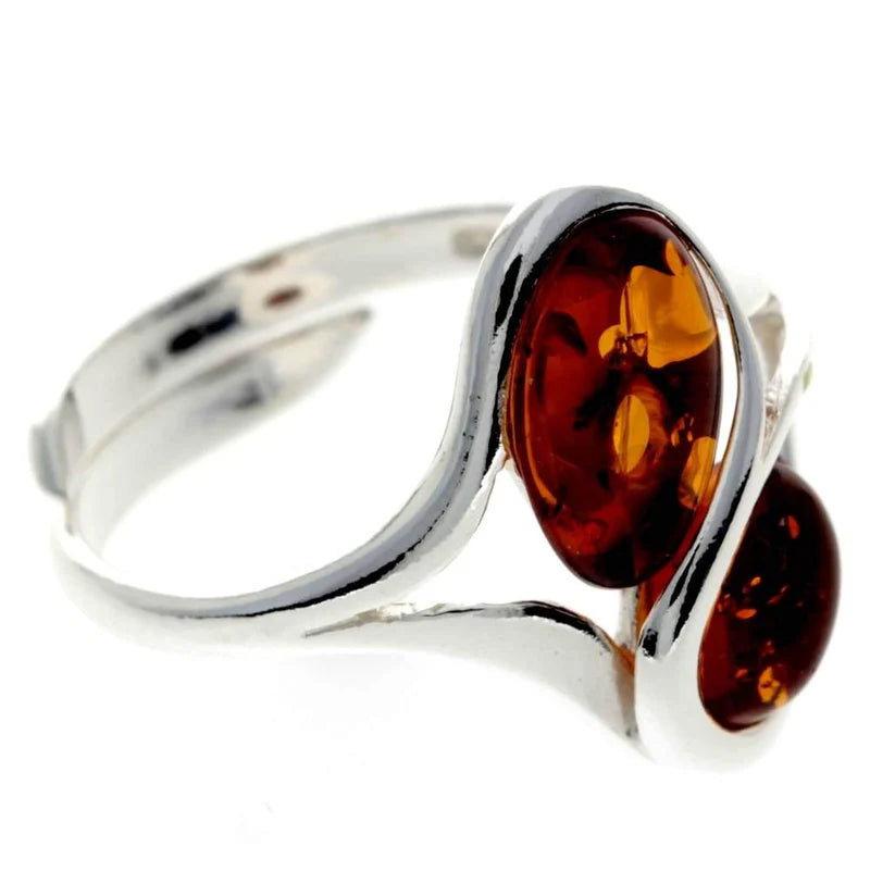 Sterling Silver Double Amber Ring – Genuine Baltic Amber Adjustable Statement Ring