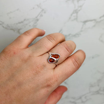 Sterling Silver Double Amber Ring – Genuine Baltic Amber Adjustable Statement Ring