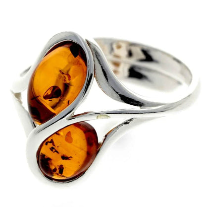 Sterling Silver Double Amber Ring – Genuine Baltic Amber Adjustable Statement Ring