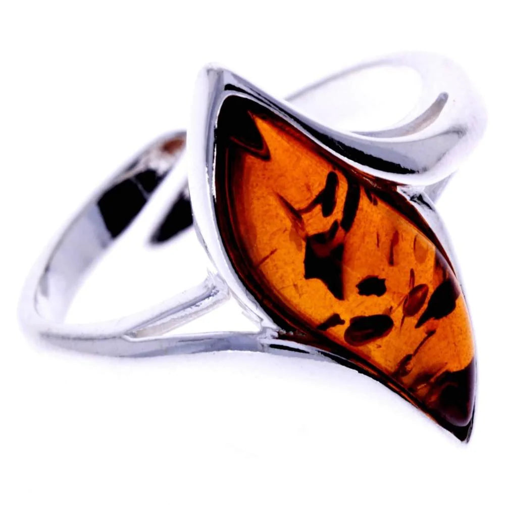 Sterling Silver Leaf Amber Ring – Genuine Baltic Amber Adjustable Nature-Inspired Ring