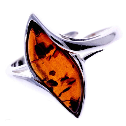 Sterling Silver Leaf Amber Ring – Genuine Baltic Amber Adjustable Nature-Inspired Ring
