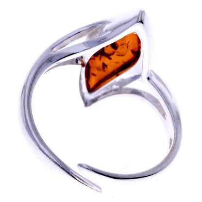 Sterling Silver Leaf Amber Ring – Genuine Baltic Amber Adjustable Nature-Inspired Ring