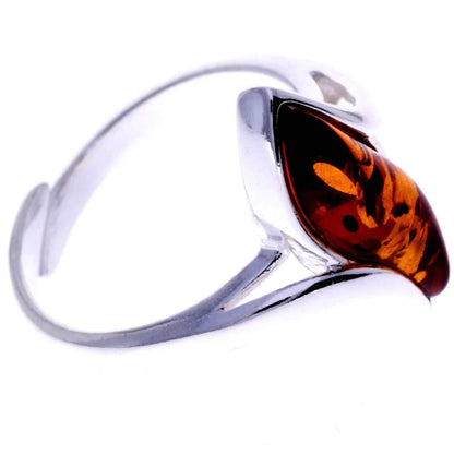 Sterling Silver Leaf Amber Ring – Genuine Baltic Amber Adjustable Nature-Inspired Ring