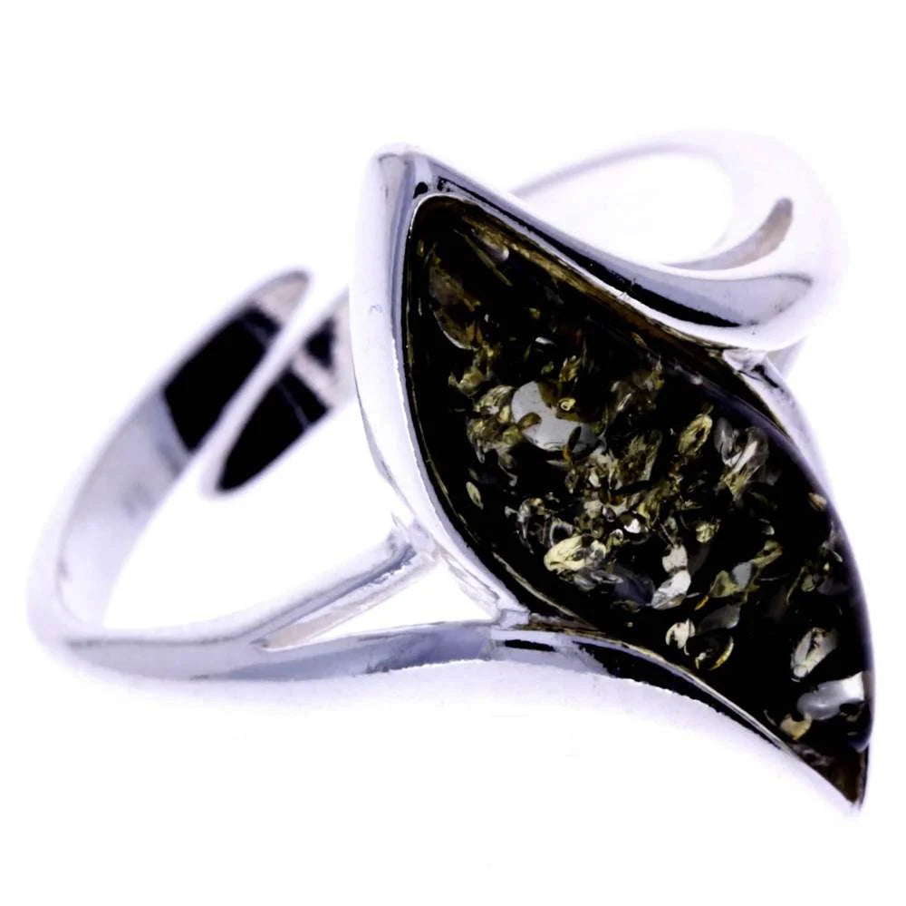 Sterling Silver Leaf Amber Ring – Genuine Baltic Amber Adjustable Nature-Inspired Ring