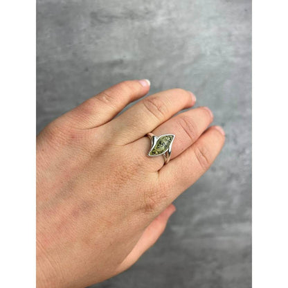 Sterling Silver Leaf Amber Ring – Genuine Baltic Amber Adjustable Nature-Inspired Ring