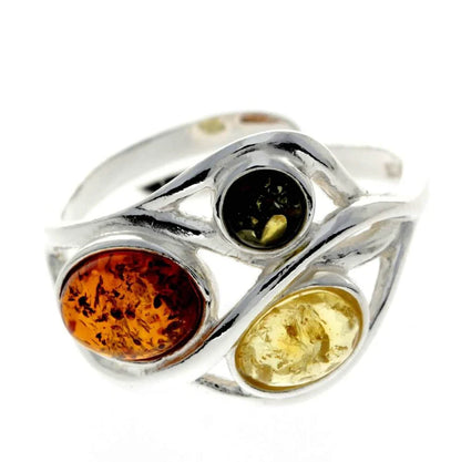 Sterling Silver Adjustable Amber Ring – Multicolour Baltic Amber (Cognac, Green, Lemon) Statement Jewellery