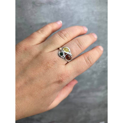 Sterling Silver Adjustable Amber Ring – Multicolour Baltic Amber (Cognac, Green, Lemon) Statement Jewellery
