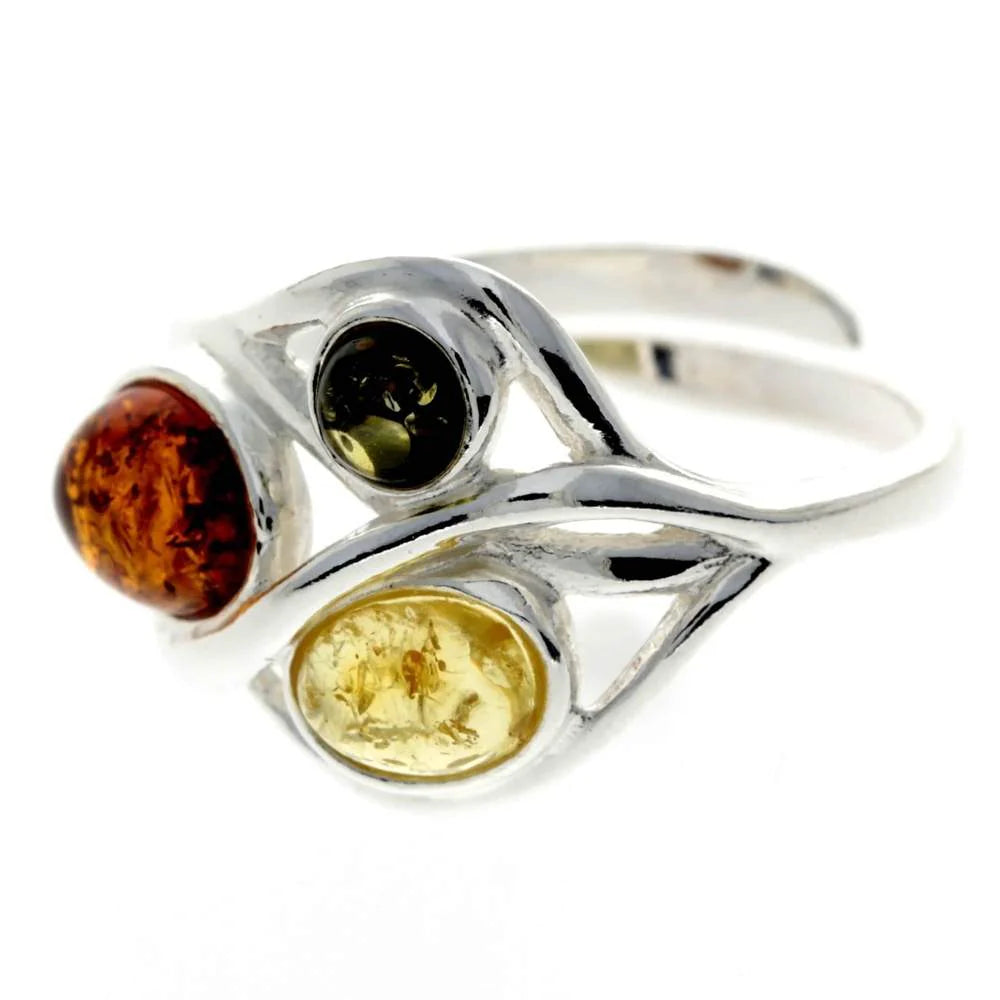 Sterling Silver Adjustable Amber Ring – Multicolour Baltic Amber (Cognac, Green, Lemon) Statement Jewellery