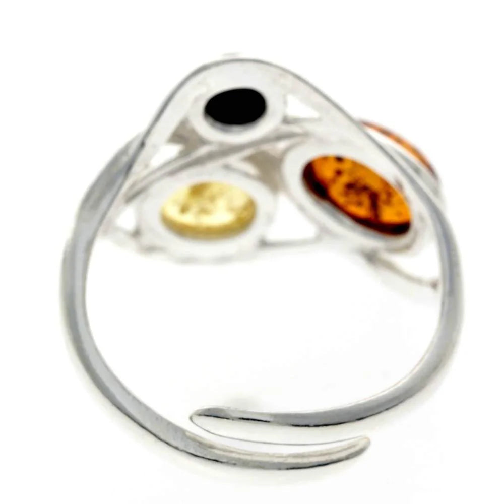 Sterling Silver Adjustable Amber Ring – Multicolour Baltic Amber (Cognac, Green, Lemon) Statement Jewellery