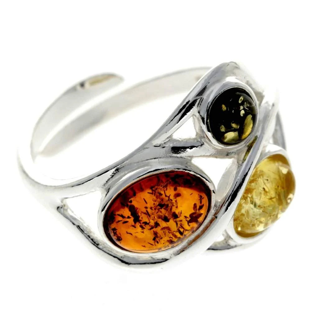 Sterling Silver Adjustable Amber Ring – Multicolour Baltic Amber (Cognac, Green, Lemon) Statement Jewellery