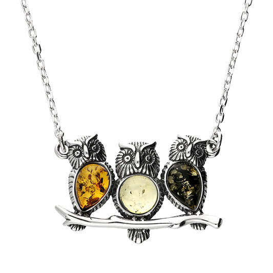 Sterling Silver Owl Necklace – 925 Trio of Owls with Mixed Baltic Amber (41–46cm)