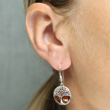 Sterling Silver Amber Tree of Life Drop Earrings – Handmade Cognac Amber Jewellery