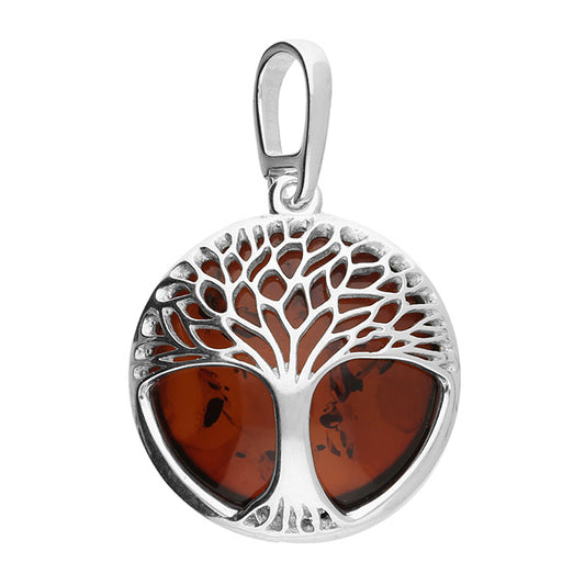 Sterling Silver Tree of Life Pendant with Red Cherry Amber – Symbolic Spiritual Jewellery