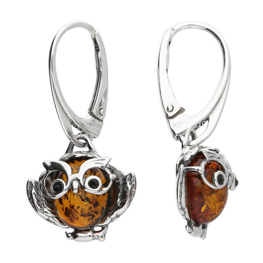 Sterling Silver Owl Earrings with Cognac Amber – Wise Owl Jewellery Symbolising Knowledge