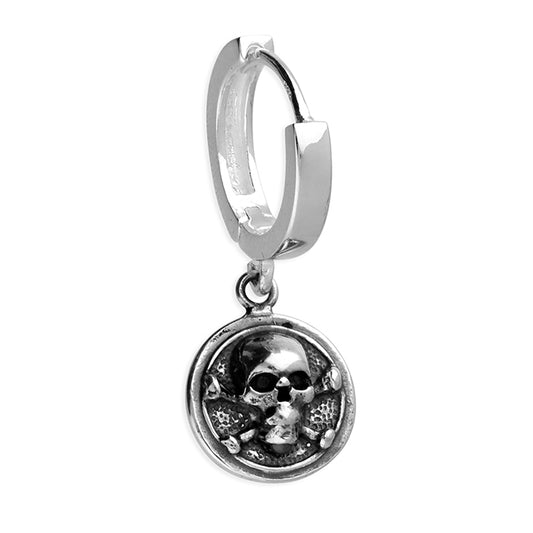 Sterling Silver Skull Huggie Earring – Single Oxidised Men’s Gothic Hoop