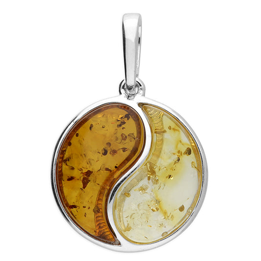 Sterling Silver Yin Yang Pendant with Baltic Amber – Cognac & Honey Amber Symbolic Necklace