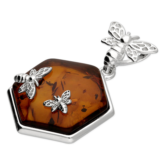 Sterling Silver Bee Pendant with Baltic Amber – Cognac Amber Honeycomb Design