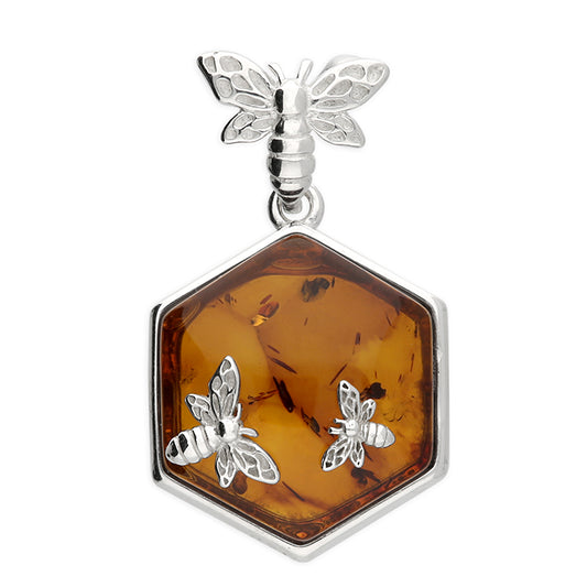 Sterling Silver Bee Pendant with Baltic Amber – Cognac Amber Honeycomb Design