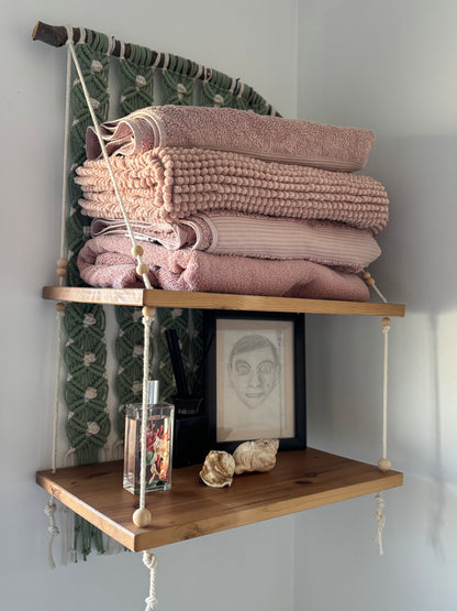 Handmade Macrame Hanging Shelf - Boho Wall Decor with Wooden Shelves