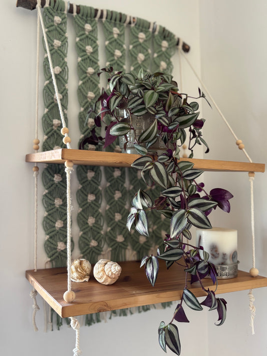 Handmade Macrame Hanging Shelf - Boho Wall Decor with Wooden Shelves