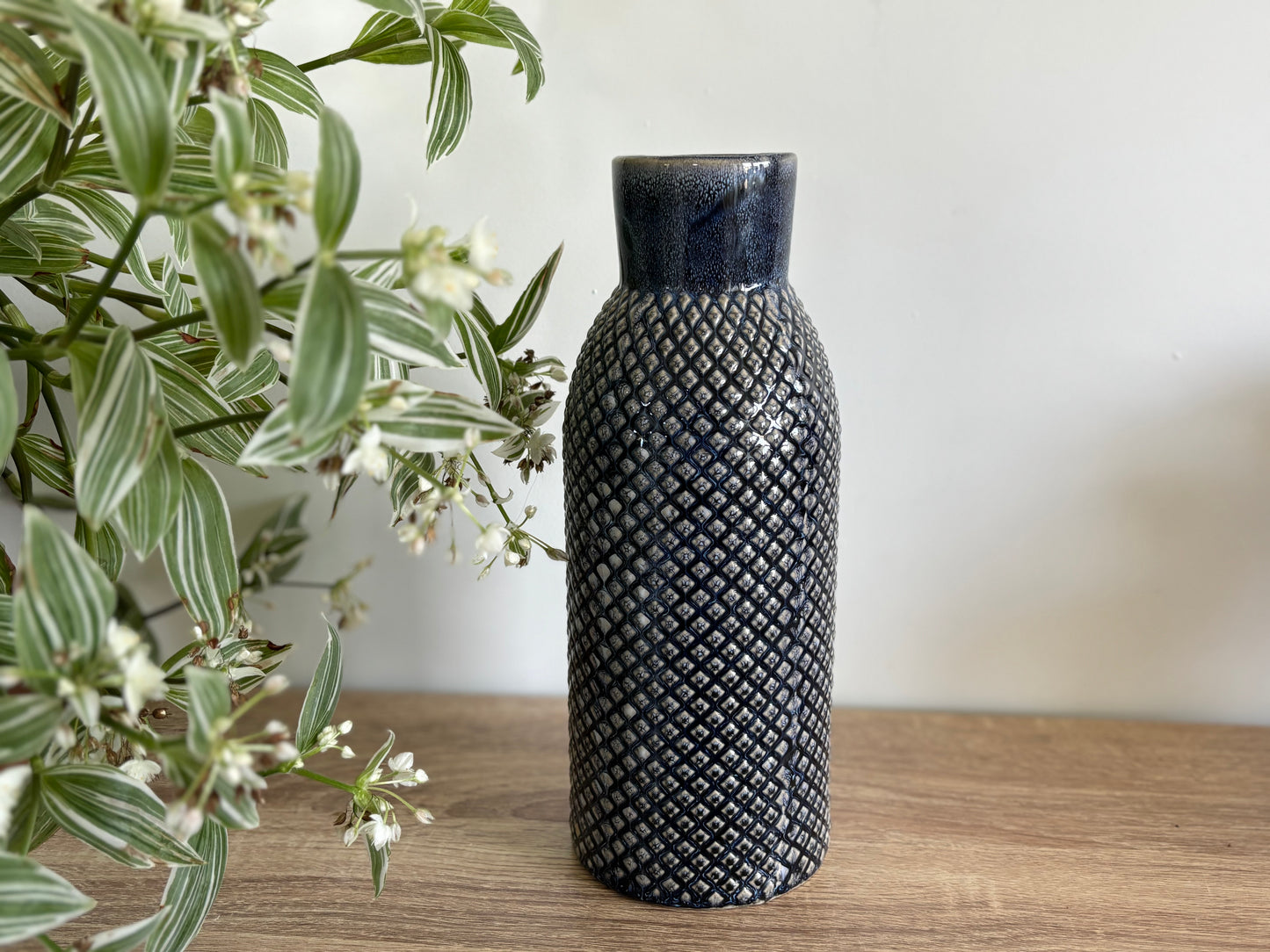 Navy Textured Ceramic slimline Vase - Modern Stoneware Home Decor 26.5 cm