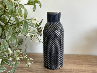 Navy Textured Ceramic slimline Vase - Modern Stoneware Home Decor 26.5 cm