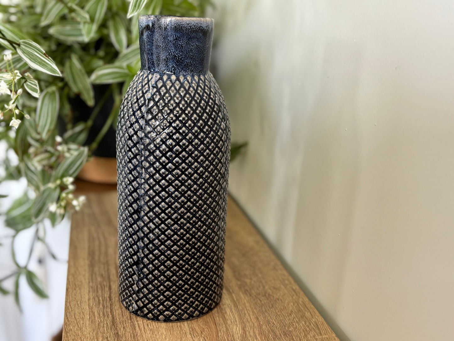 Navy Textured Ceramic slimline Vase - Modern Stoneware Home Decor 26.5 cm