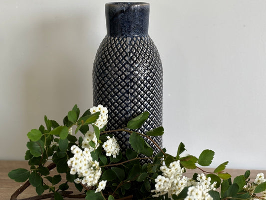 Navy Textured Ceramic slimline Vase - Modern Stoneware Home Decor 26.5 cm