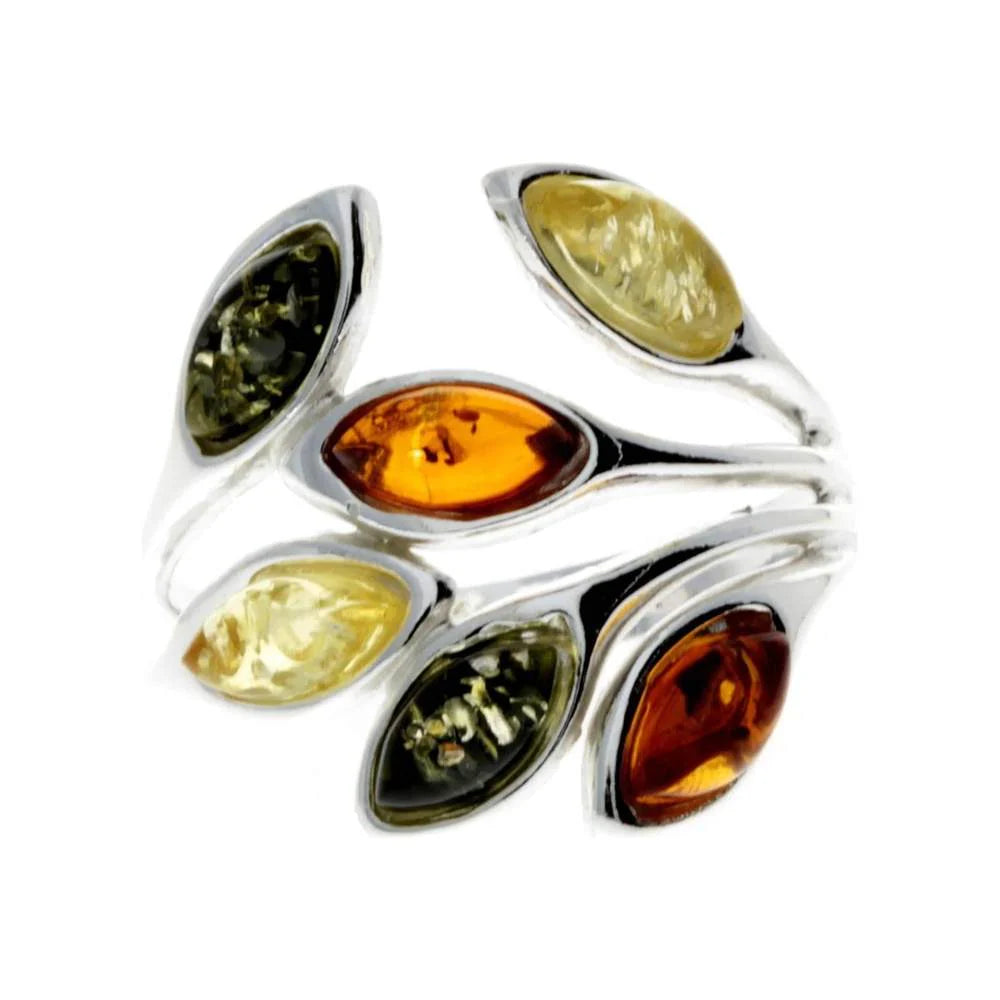 Sterling Silver Multicolour Amber Ring – Baltic Amber Leaf Branch Design | Nature Inspired Statement Ring