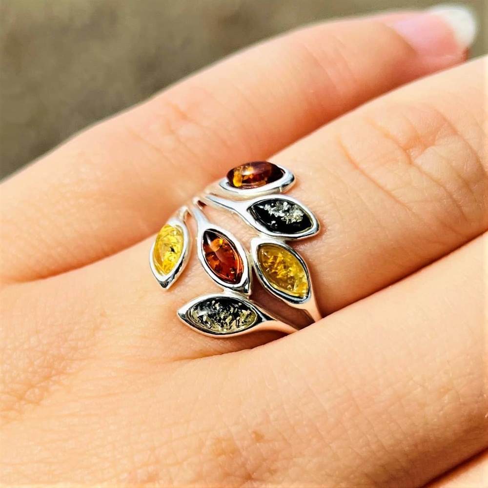 Sterling Silver Multicolour Amber Ring – Baltic Amber Leaf Branch Design | Nature Inspired Statement Ring