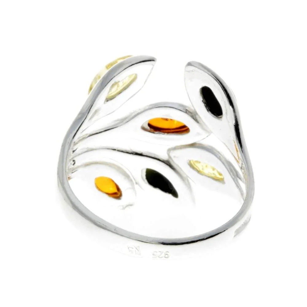 Sterling Silver Multicolour Amber Ring – Baltic Amber Leaf Branch Design | Nature Inspired Statement Ring