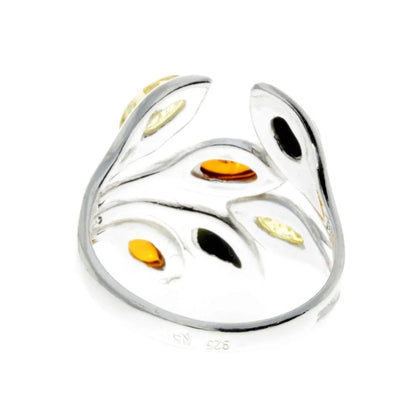 Sterling Silver Multicolour Amber Ring – Baltic Amber Leaf Branch Design | Nature Inspired Statement Ring