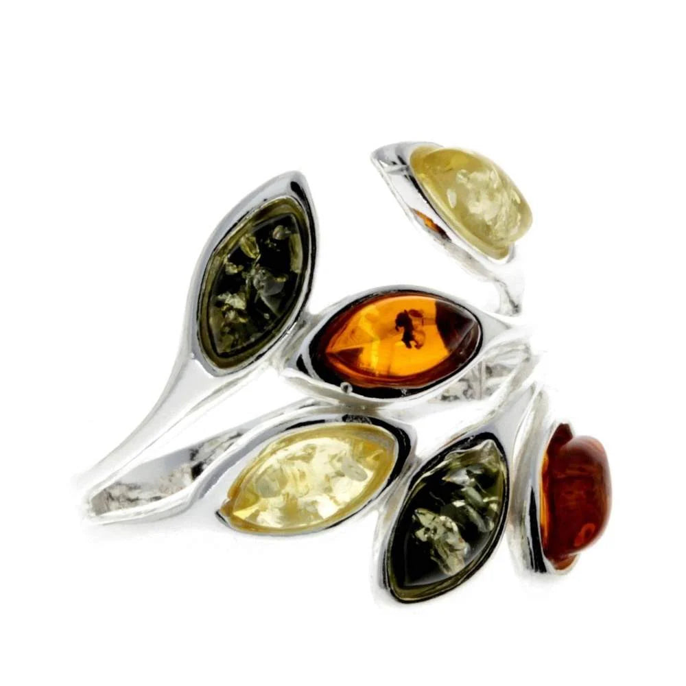 Sterling Silver Multicolour Amber Ring – Baltic Amber Leaf Branch Design | Nature Inspired Statement Ring