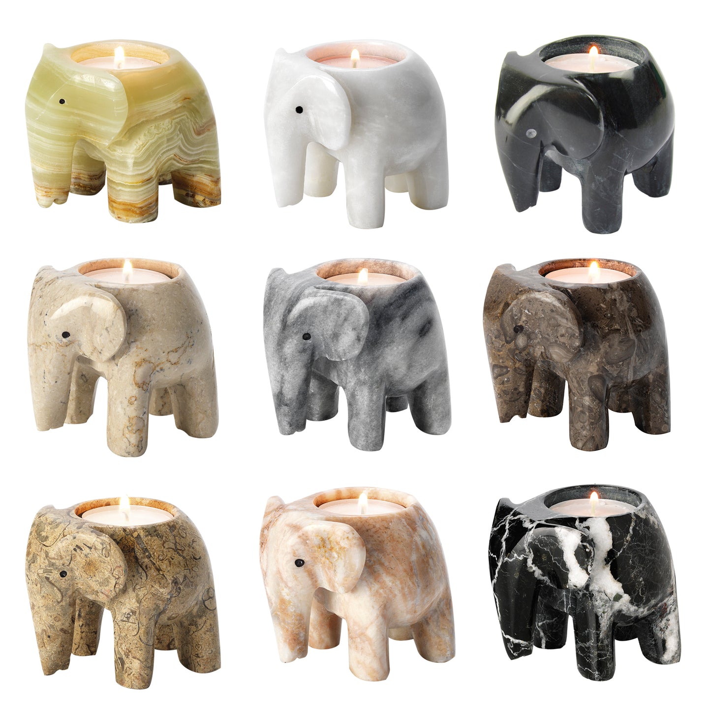 Onyx Elephant Tea Light Holder – Hand Carved Natural Stone (3”)