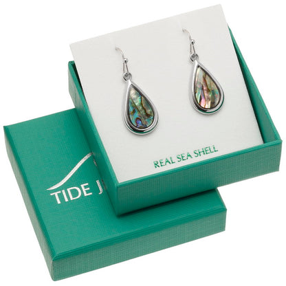 Natural Paua Shell Teardrop Hook Earrings – 22mm Iridescent Drop – Gift Boxed
