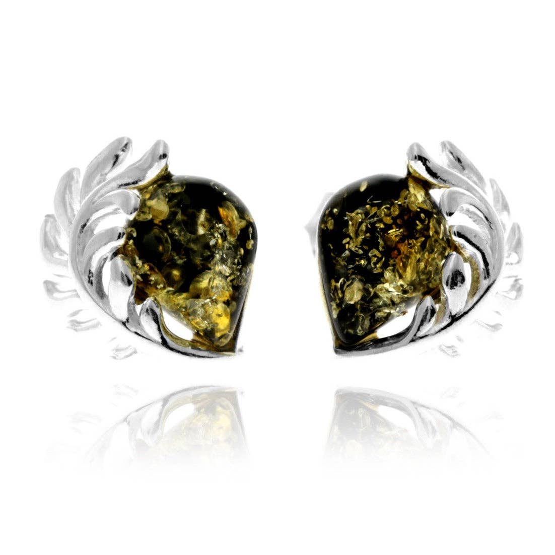 SilverAmber Jewellery - 925 Sterling Silver & Genuine Baltic Amber Contemporary Teardrop Leaf Studs Earrings - GL1054