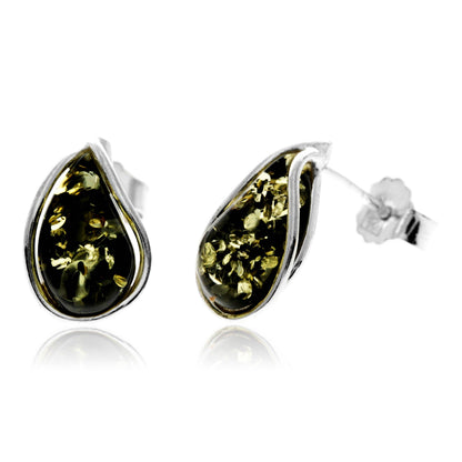SilverAmber Jewellery - 925 Sterling Silver & Baltic Amber Modern Teardrop Studs Earrings - G029S
