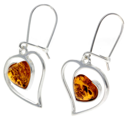 SilverAmber Jewellery - 925 Sterling Silver & Genuine Baltic Amber Large Hearts Earrings - GL127