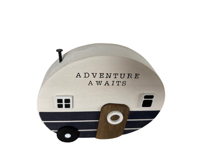 Rustic Wooden Caravan Ornament – “Adventure Awaits” – Portland Living Travel Decor, 12cm