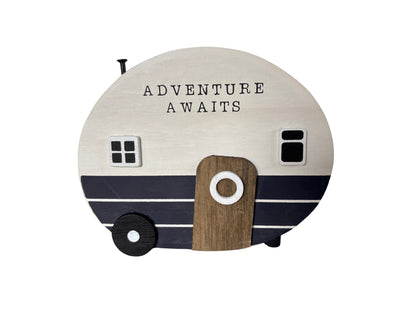 hand-painted wooden caravan ornament with " Adventure Awaits" quote - perfect gift for travel lovers, van life fans, or rustic home decor enthusiasts