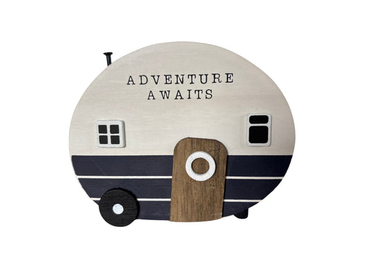 hand-painted wooden caravan ornament with " Adventure Awaits" quote - perfect gift for travel lovers, van life fans, or rustic home decor enthusiasts
