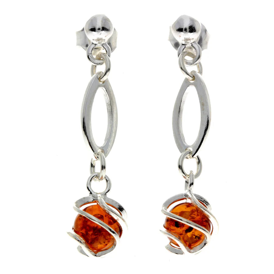 Sterling Silver Baltic Amber Drop Earrings – Modern Cognac Design