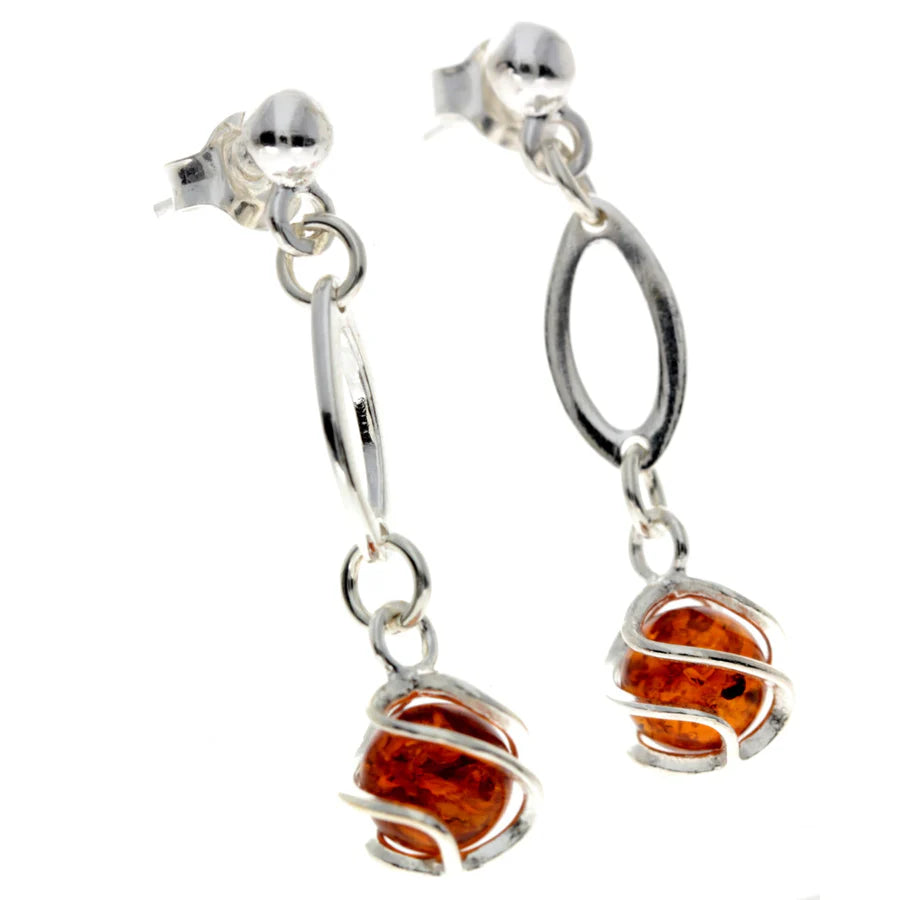 Sterling Silver Baltic Amber Drop Earrings – Modern Cognac Design