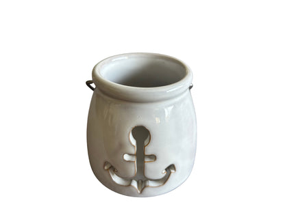 Nautical Ceramic Tealight Holder with Anchor Cut-Out – Candle Cup Holder Coastal Home Decor, 8.2 cm